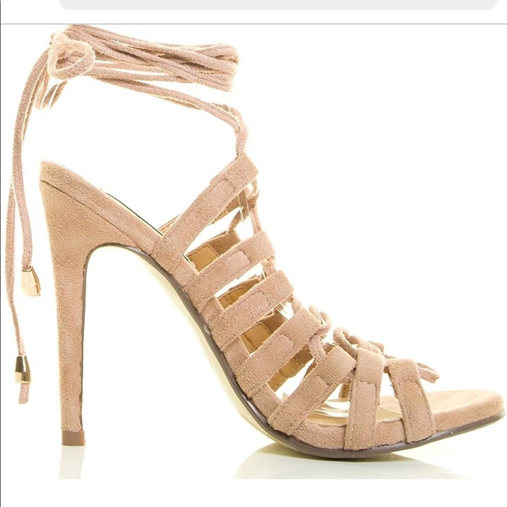 NUDE STRAPPY TIE UP STILETTO HEELS - Picture 5 of 6
